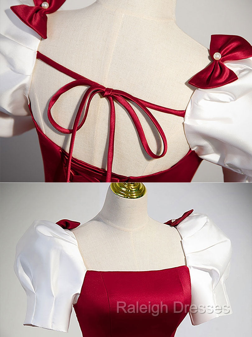 A-Line Satin Burgundy Long Prom Dresses, Puffy Sleeve Formal Evening Dress