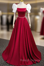 A-Line Satin Burgundy Long Prom Dresses, Puffy Sleeve Formal Evening Dress