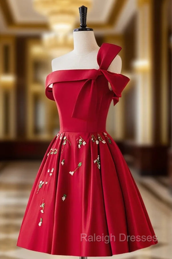 A-Line Satin Burgundy Short Prom Dress, Burgundy Homecoming Dress with Beading