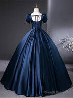 A-Line Satin Dark Blue Long Prom Dress, Dark Blue Long Formal Dress
