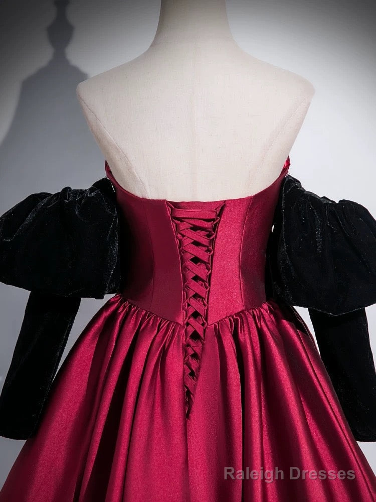 A-Line Satin Dark Red Long Prom Dress, Dark Red Evening Dress