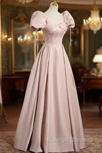 A-Line Satin Floor Length Pink Corset Prom Dress, Off the Shoulder Evening Dress