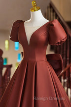 A-Line Satin Floor Length Prom Dress, Elegant Short Sleeve Evening Party Dress