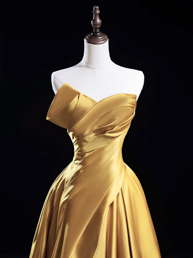 A-Line Satin Gold Long Formal Prom Dress, Gold Long Formal Dress