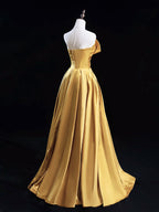 A-Line Satin Gold Long Formal Prom Dress, Gold Long Formal Dress