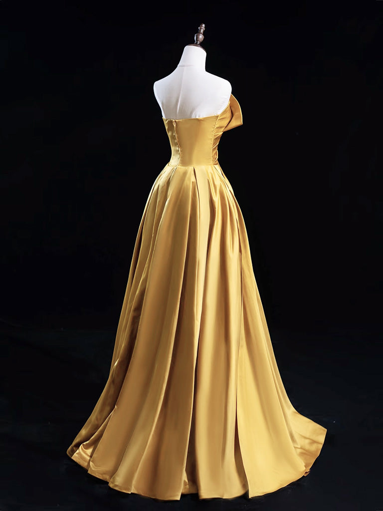 A-Line Satin Gold Long Formal Prom Dress, Gold Long Formal Dress