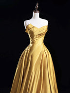 A-Line Satin Gold Long Formal Prom Dress, Gold Long Formal Dress