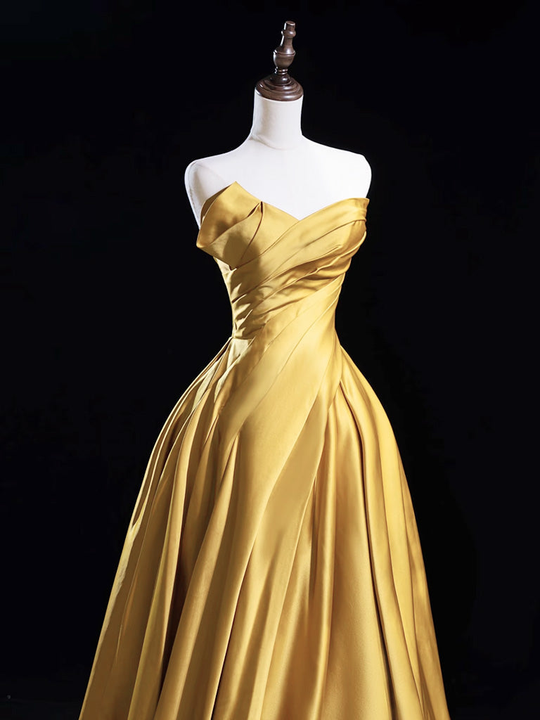 A-Line Satin Gold Long Formal Prom Dress, Gold Long Formal Dress