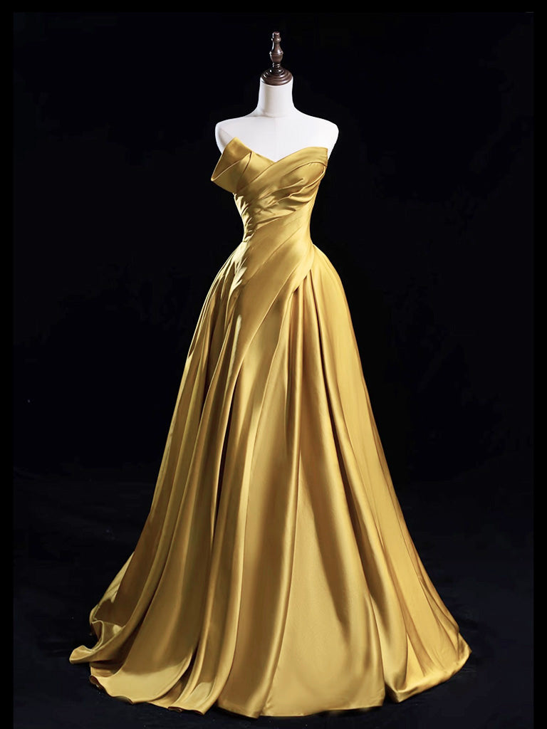 A-Line Satin Gold Long Formal Prom Dress, Gold Long Formal Dress