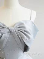 A-Line Satin Gray Long Prom Dresses, Gray Long Formal Dresses