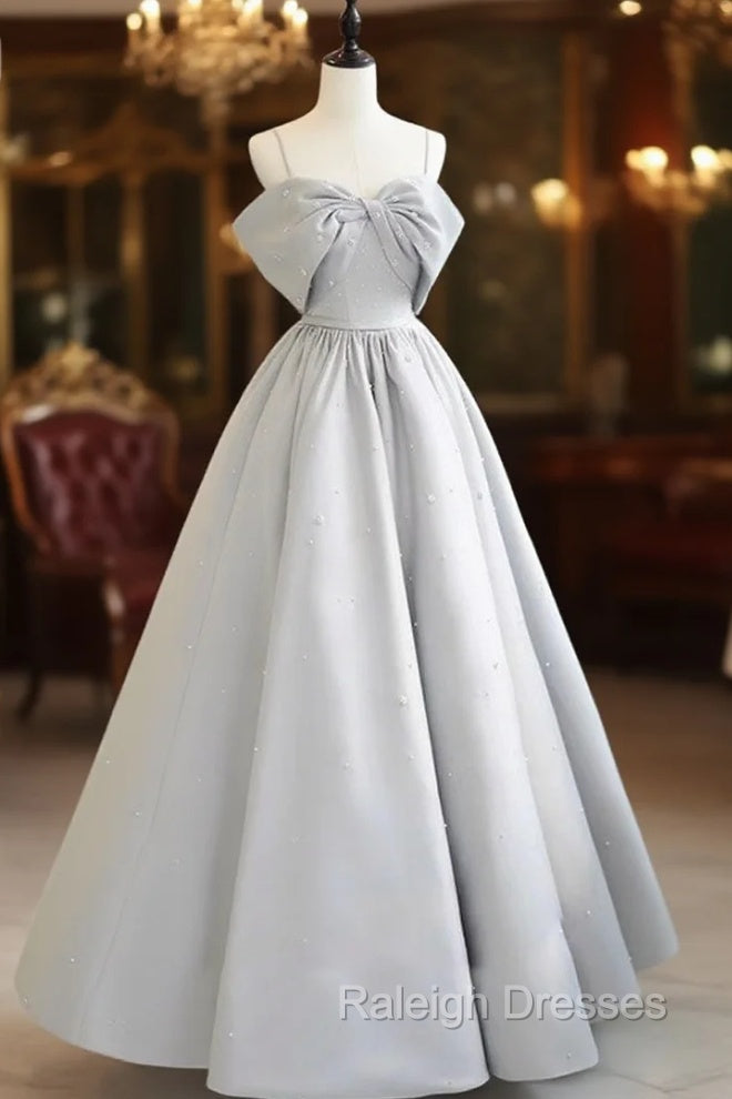 A-Line Satin Gray Long Prom Dresses, Gray Long Formal Dresses