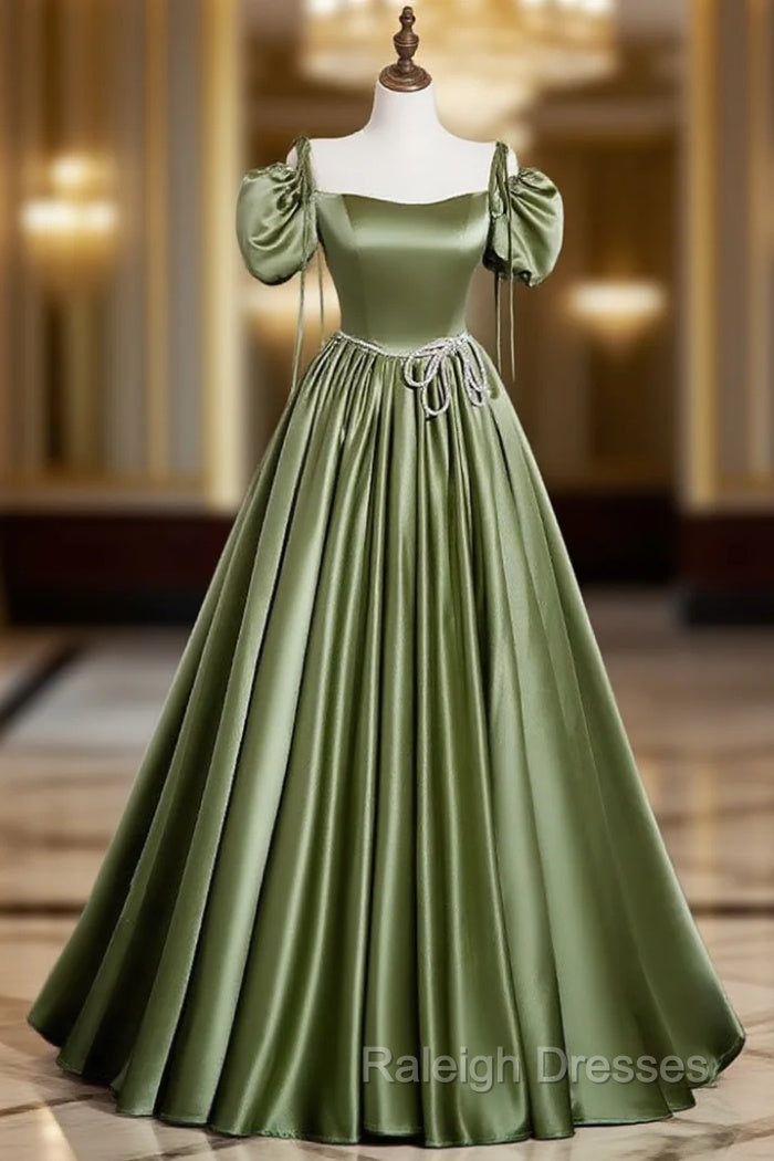 A-Line Satin Green Long Prom Dress, Green Formal Evening Dress Main image