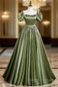 A-Line Satin Green Long Prom Dress, Green Formal Evening Dress