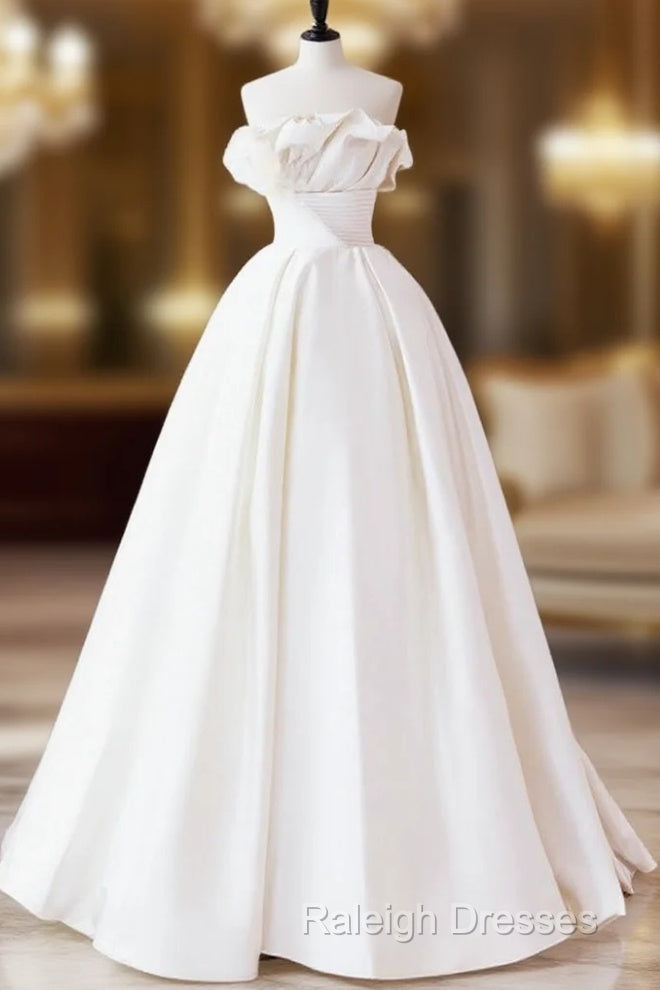 A-Line Satin Ivory Long Prom Dress, Ivory Long Evening Dress