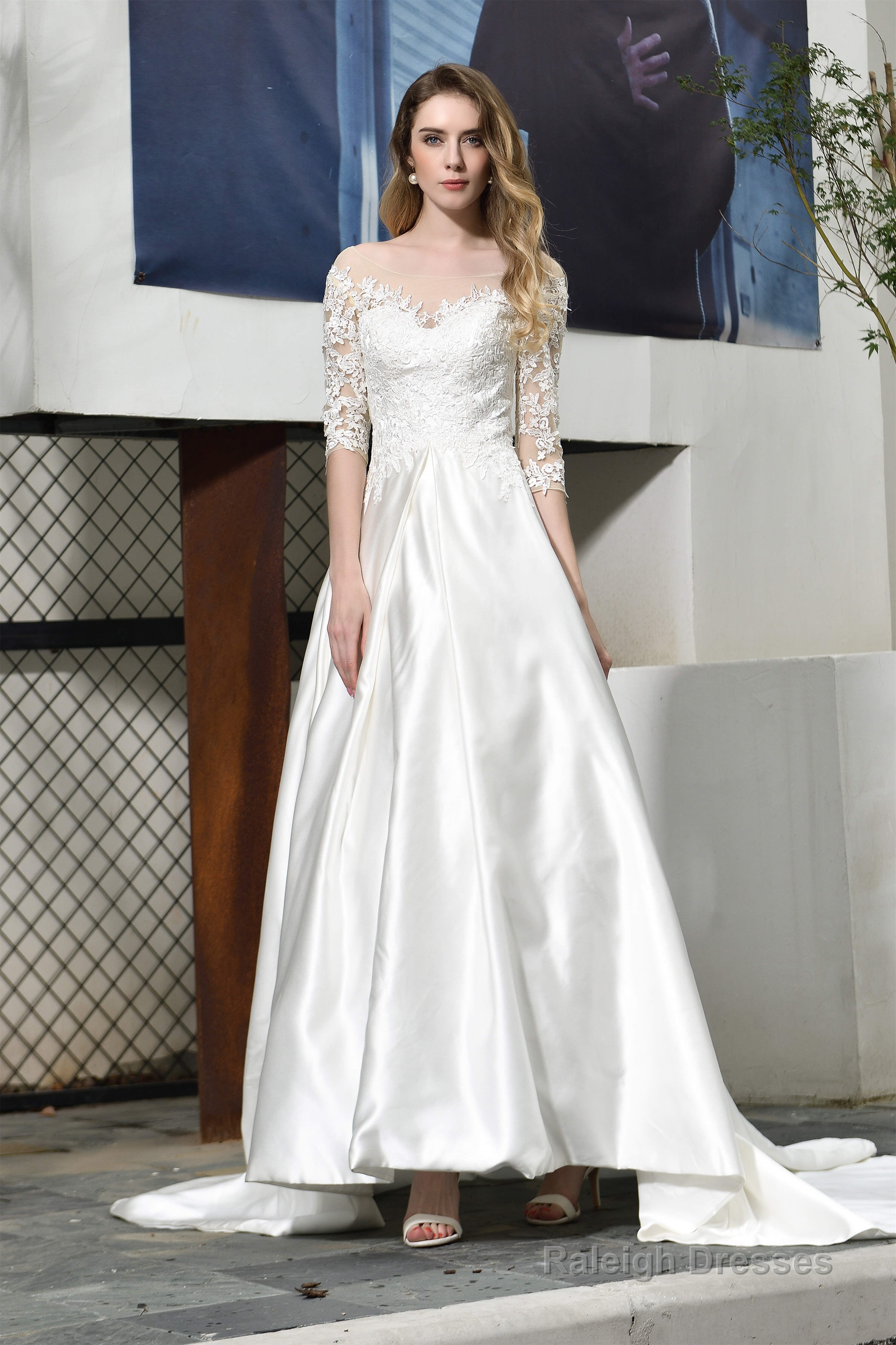 A-Line Satin Lace 3/4 Sleeves Ankle Length Wedding Dresses Main image