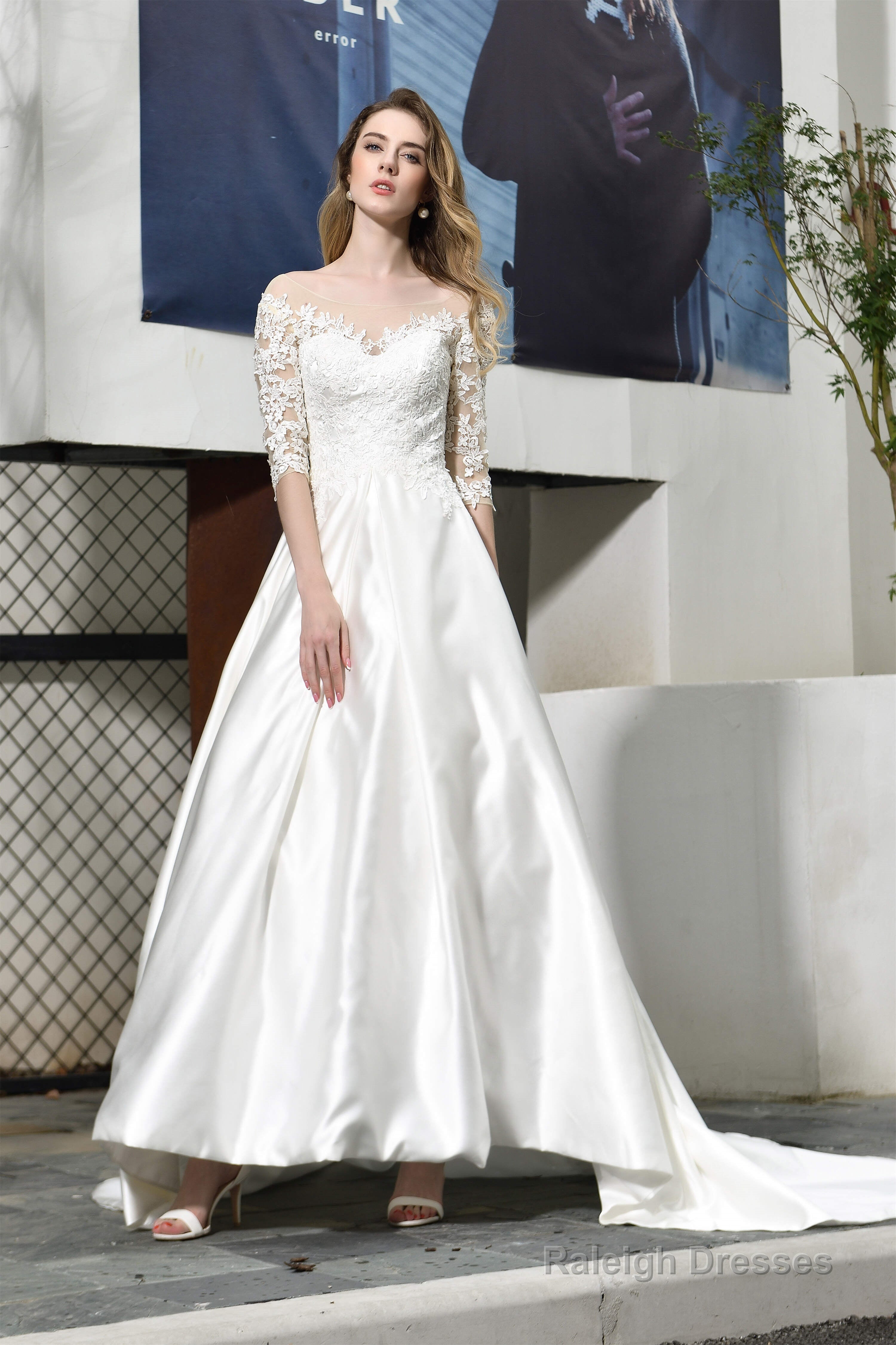 A-Line Satin Lace 3/4 Sleeves Ankle Length Wedding Dresses Secondary image
