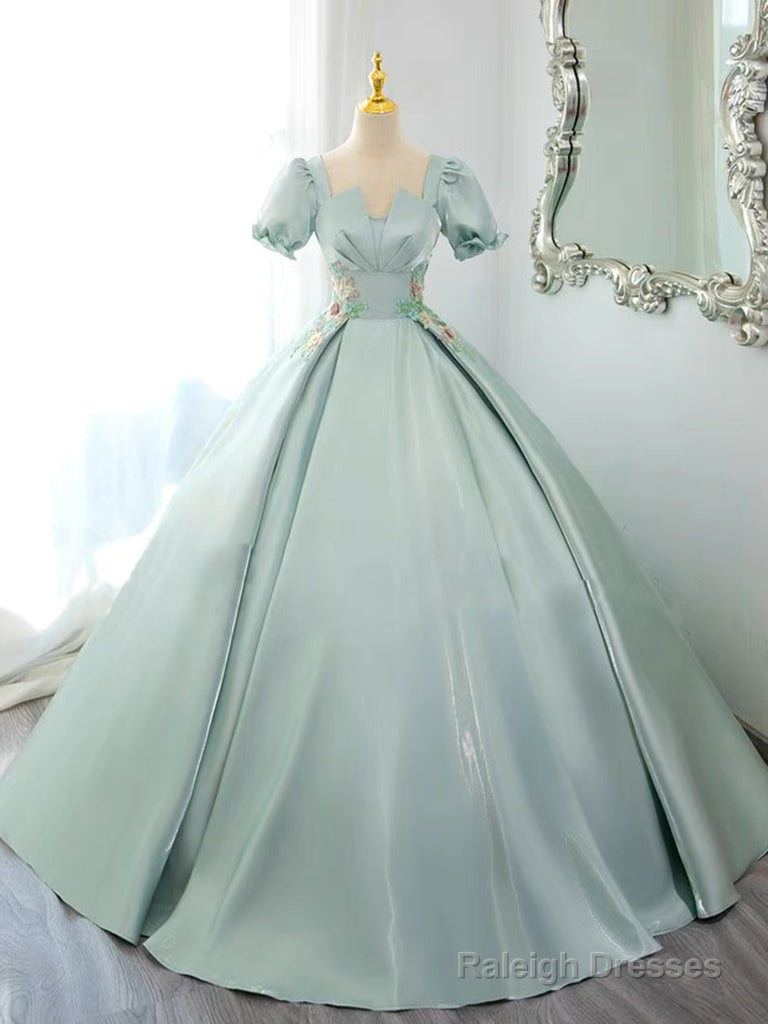 A-Line Satin Lace Applique Green Long Prom Dresses Green Long Prom Dresses