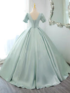 A-Line Satin Lace Applique Green Long Prom Dress, Green Long Formal Dress