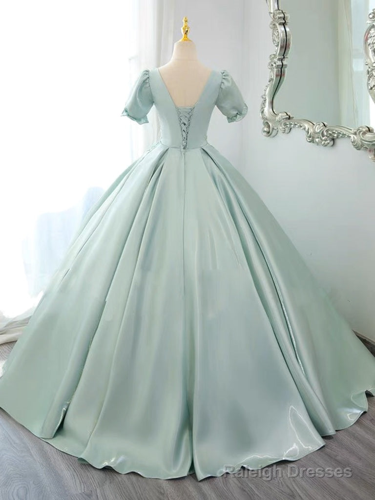 A-Line Satin Lace Applique Green Long Prom Dresses Green Long Prom Dresses