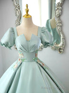 A-Line Satin Lace Applique Green Long Prom Dresses Green Long Prom Dresses