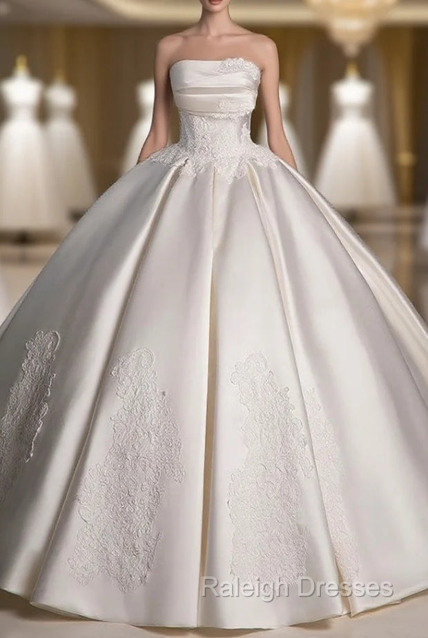 A Line Satin Lace ivory Long Wedding Dress, Lace Weeding Prom Dress Main image