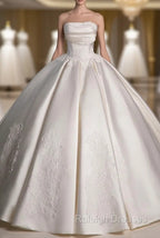 A Line Satin Lace ivory Long Wedding Dress, Lace Weeding Prom Dress