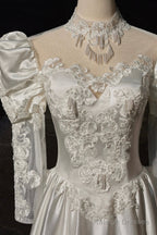 A-Line Satin Lace Long Sleeve Prom Dresses Elegant White High Neck Prom Dresses