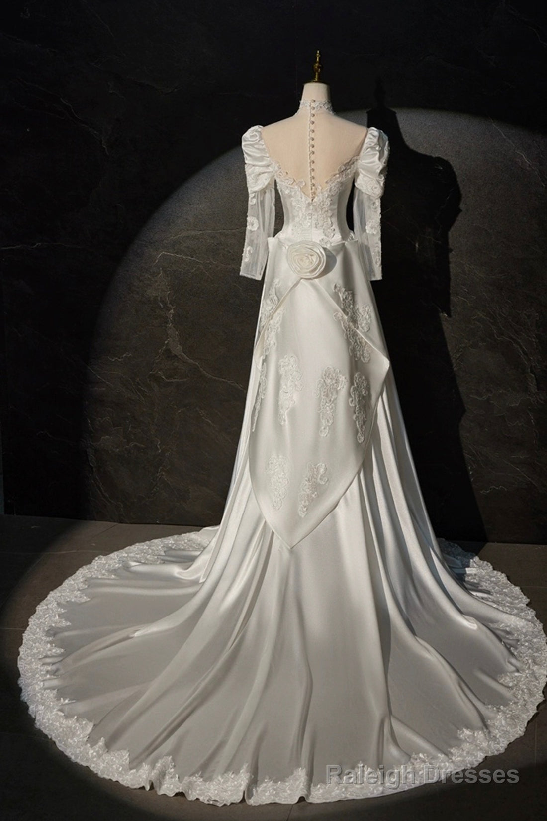 A-Line Satin Lace Long Sleeve Prom Dresses Elegant White High Neck Prom Dresses