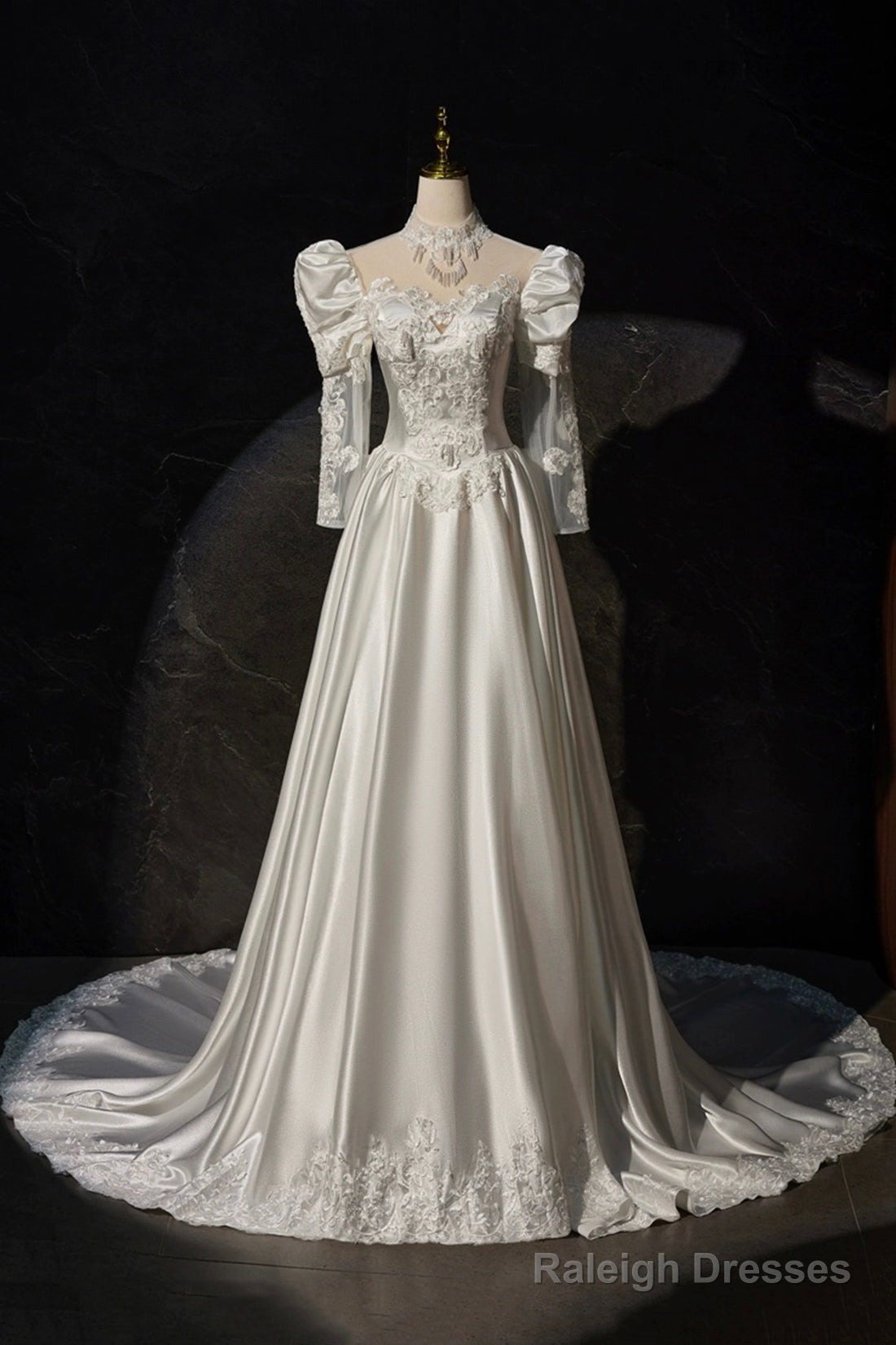 A-Line Satin Lace Long Sleeve Prom Dress, Elegant White High Neck Evening Prom Dress Main image