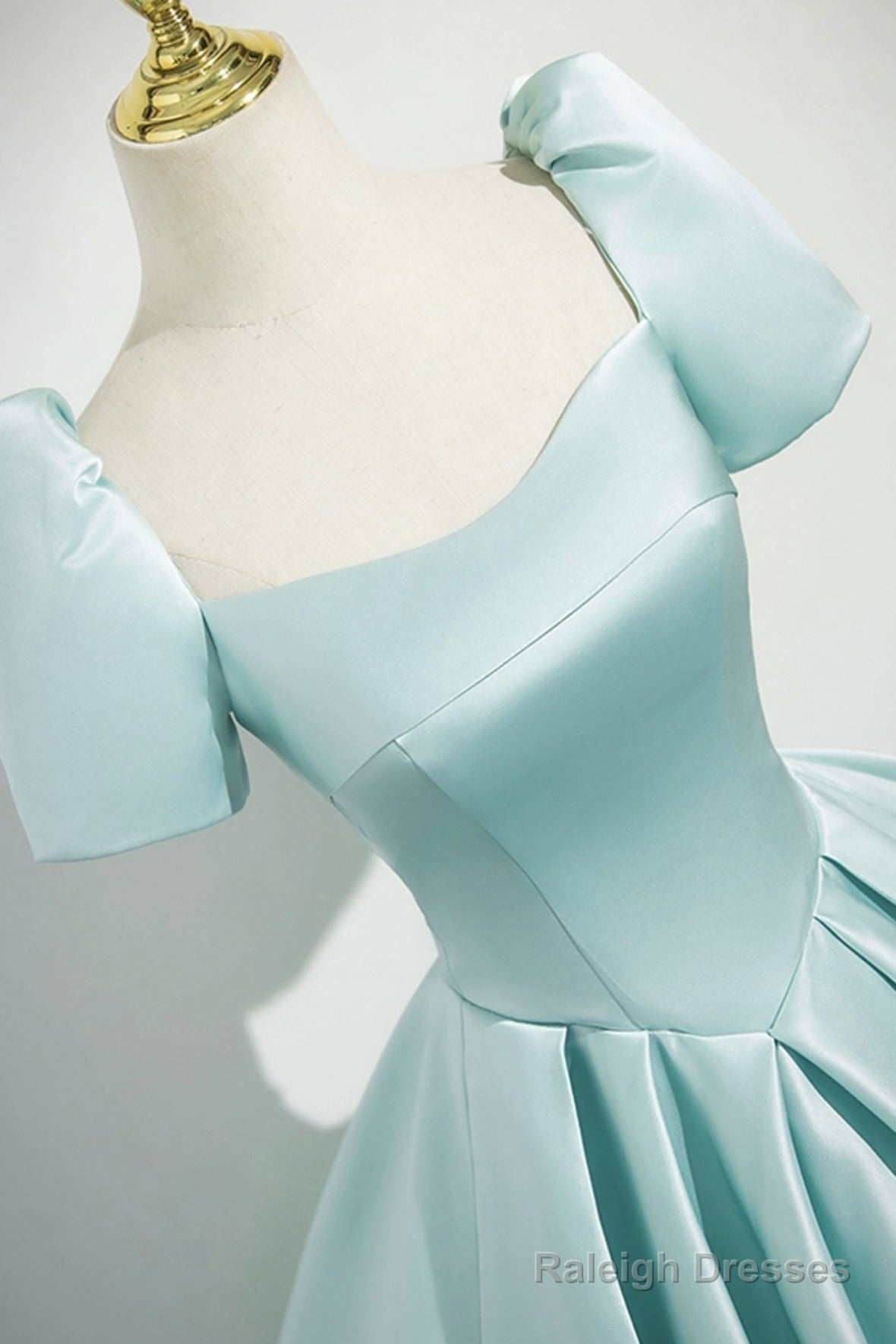 A-Line Satin Long Prom Dresses Beautiful Blue Short Sleeve Prom Dresses