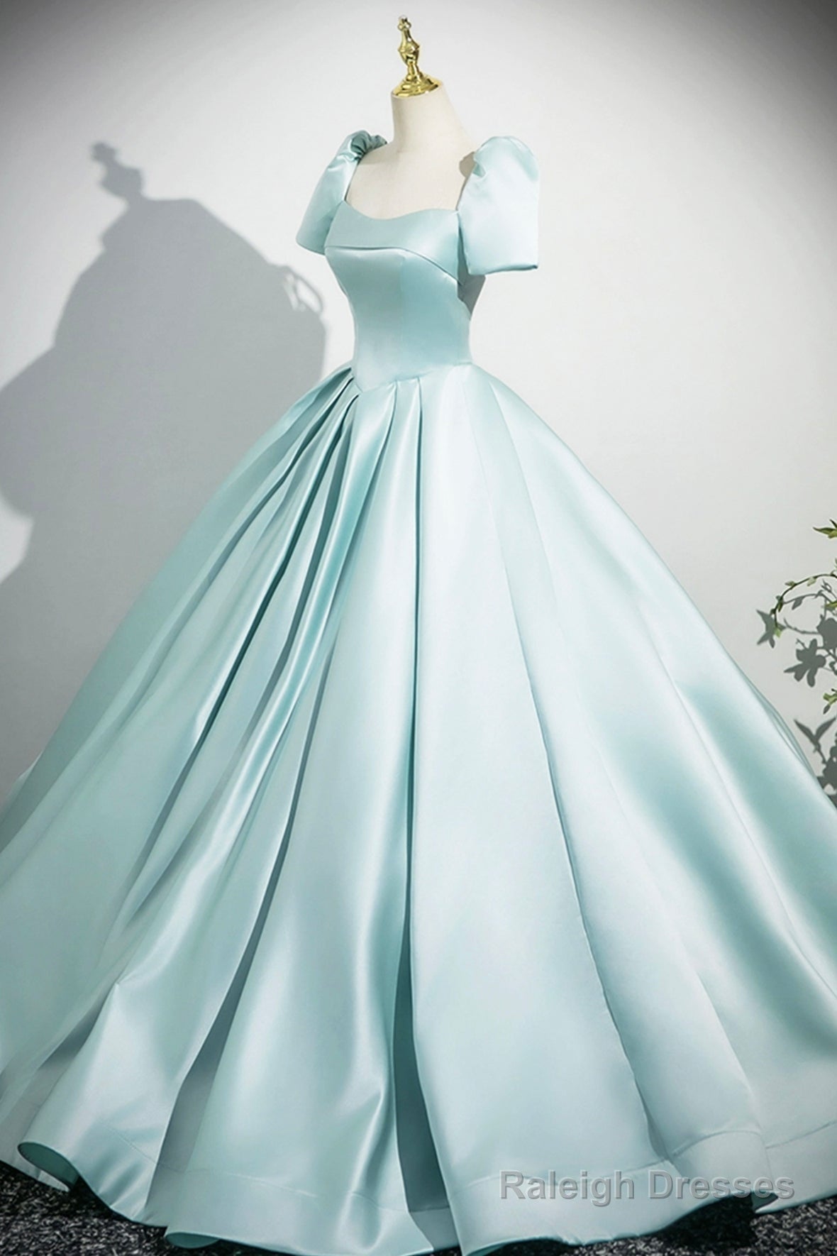 A-Line Satin Long Prom Dresses Beautiful Blue Short Sleeve Prom Dresses