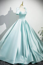 A-Line Satin Long Prom Dresses Beautiful Blue Short Sleeve Prom Dresses