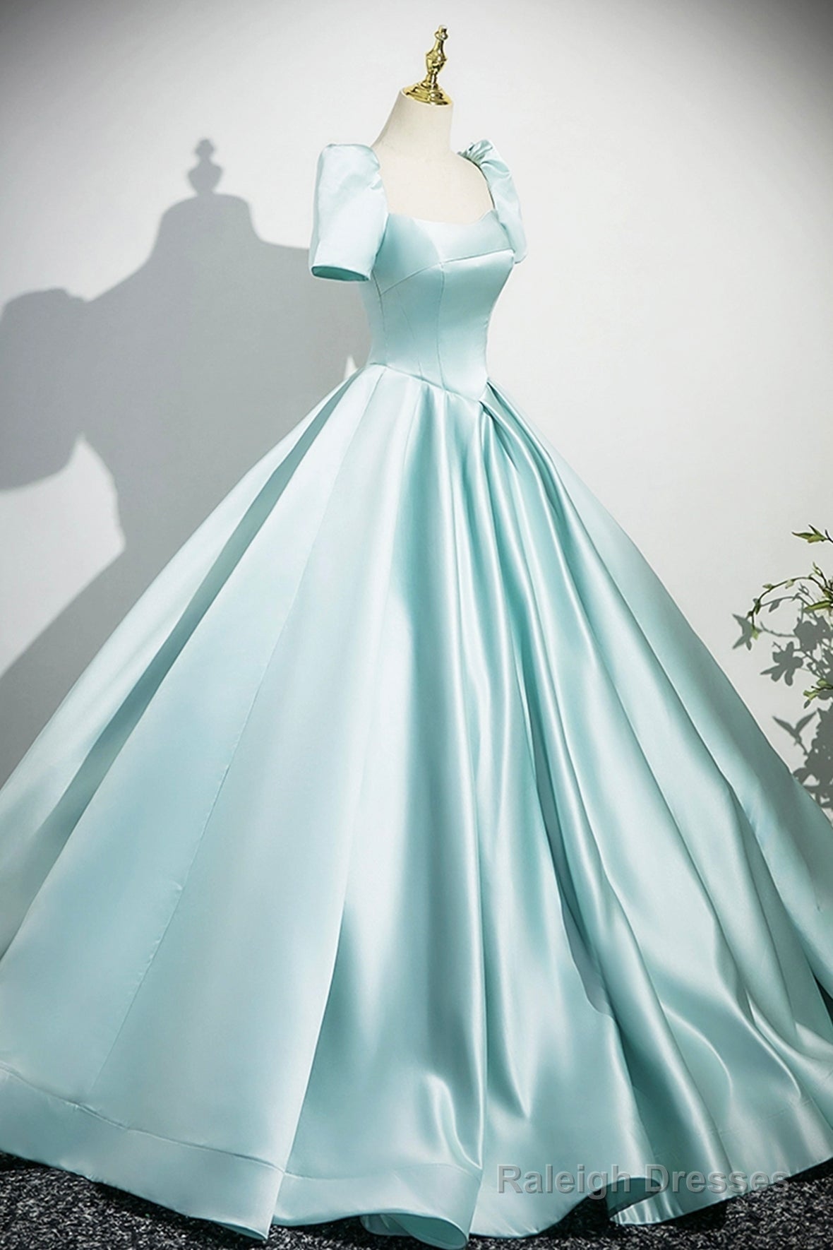 A-Line Satin Long Prom Dresses Beautiful Blue Short Sleeve Prom Dresses