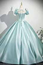 A-Line Satin Long Prom Dress, Beautiful Blue Short Sleeve Evening Party Dress
