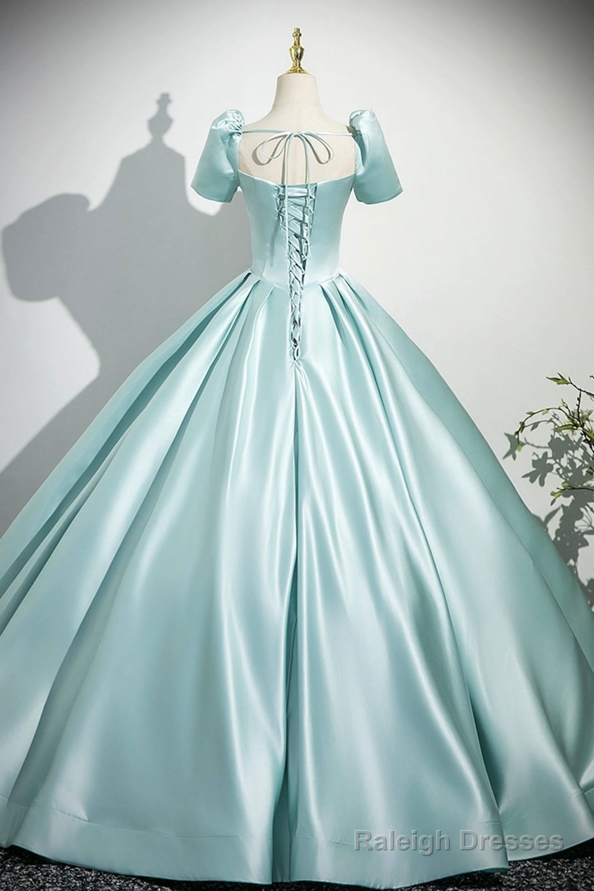 A-Line Satin Long Prom Dresses Beautiful Blue Short Sleeve Prom Dresses