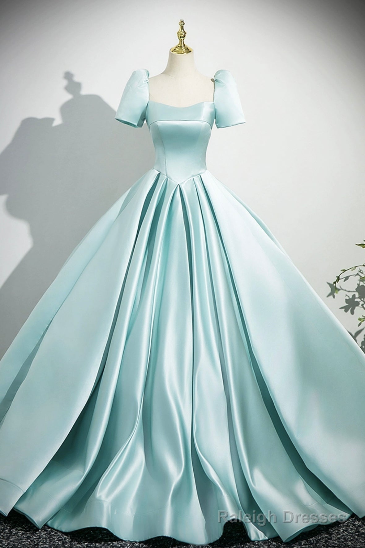 A-Line Satin Long Prom Dresses Beautiful Blue Short Sleeve Prom Dresses Main image