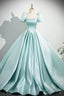 A-Line Satin Long Prom Dresses Beautiful Blue Short Sleeve Prom Dresses