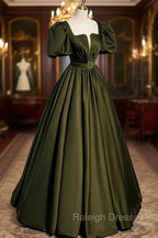 A Line Satin Long Prom Dress, Dark Green Short Sleeve Prom Graduation Dress