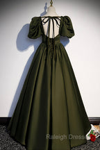 A-Line Satin Long Prom Dress, Dark Green Short Sleeve Evening Graduation Dress