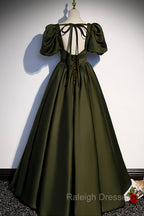 A Line Satin Long Prom Dress, Dark Green Short Sleeve Prom Graduation Dress