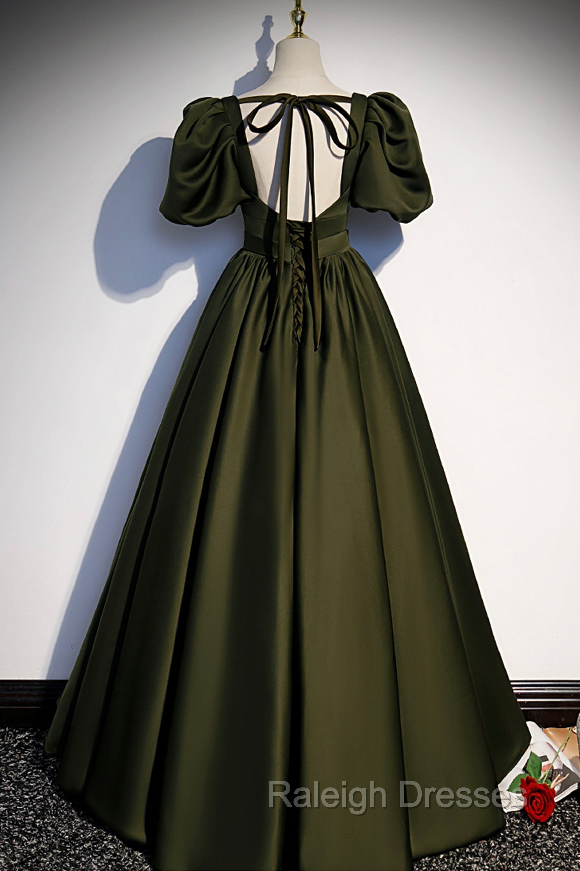 A Line Satin Long Prom Dress, Dark Green Short Sleeve Prom Graduation Dress