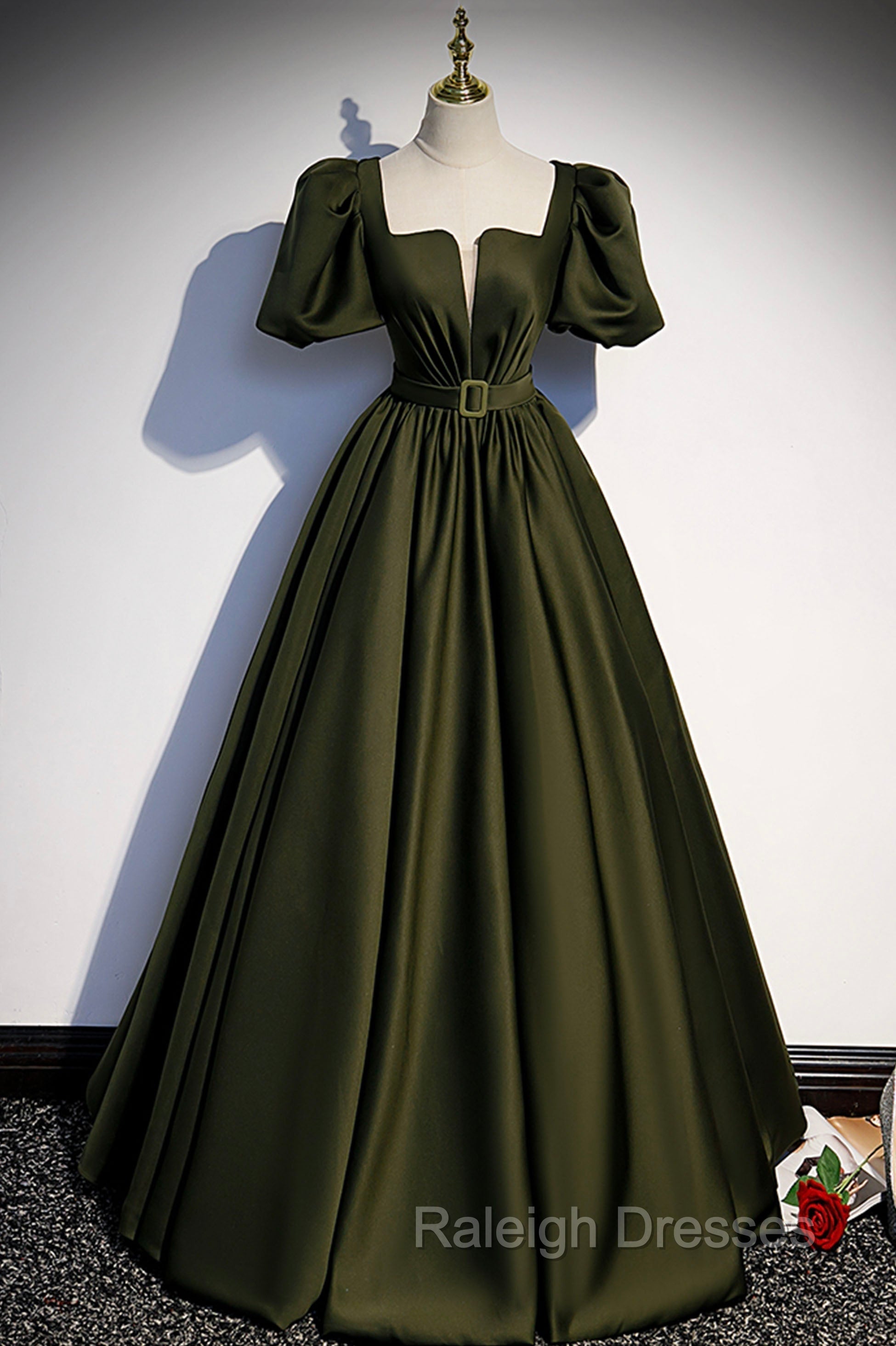 A-Line Satin Long Prom Dress, Dark Green Short Sleeve Evening Graduation Dress Main image