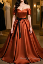 A-Line Satin Orange Long Prom Dresses, Orange Formal Evening Dresses