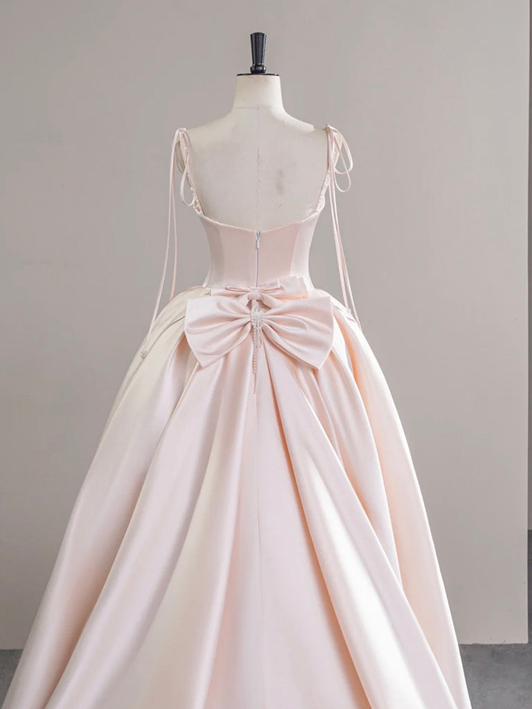 A-Line Satin Pink Champagne Long Formal Prom Dress, Pink Champagne Long Prom Dress