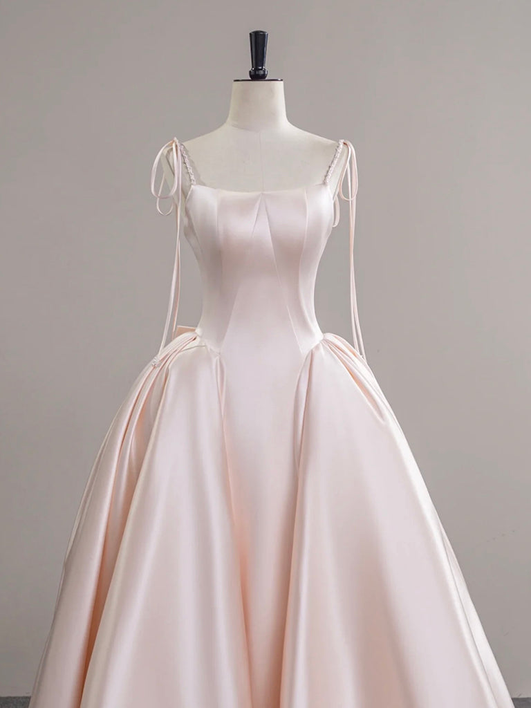 A-Line Satin Pink Champagne Long Formal Prom Dress, Pink Champagne Long Prom Dress