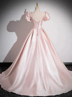A-Line Satin Pink Quinceanera Dress Long Prom Dress With Bows Short Sleeves