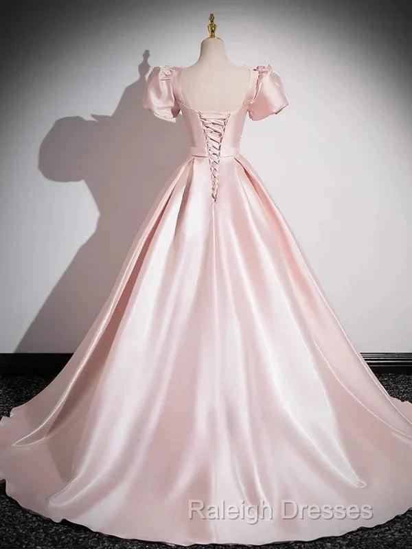 A-Line Satin Pink Quinceanera Dress Long Prom Dress With Bows Short Sleeves