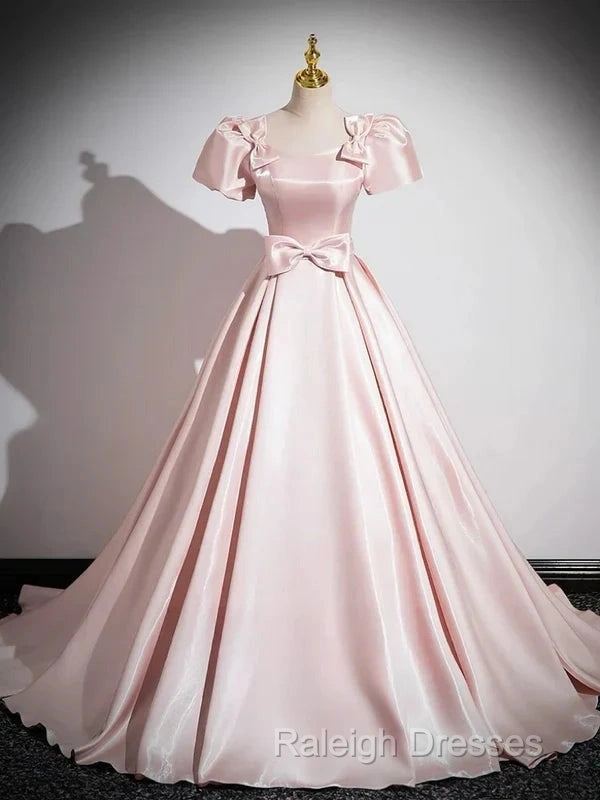 A-Line Satin Pink Quinceanera Dresses Prom Dresses Long With Bows Short Sleeves