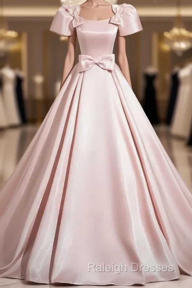 A-Line Satin Pink Quinceanera Dress Long Prom Dress With Bows Short Sleeves
