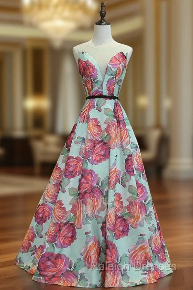 A-line Satin Print Prom Dress